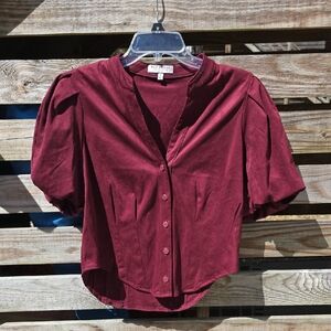 Bagatelle Collection Burgundy Button-Up Blouse with Puff Sleeves